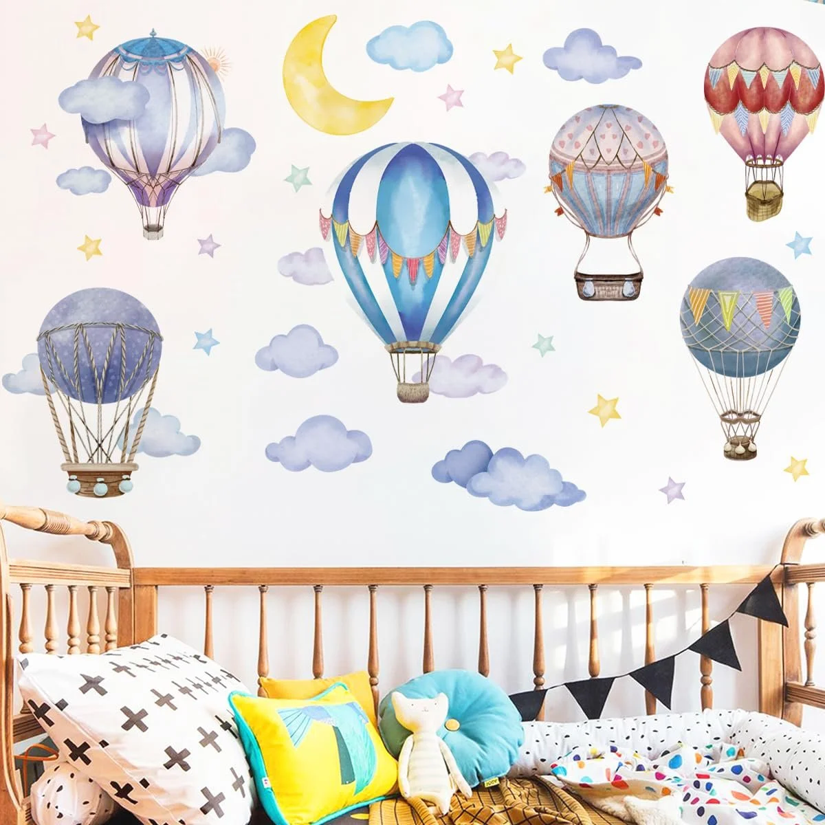 Наклейка на стіну Runtoo Hot Air Balloon великі барвисті місяць зірки хмари, фото №2