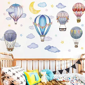 Наклейка на стіну Runtoo Hot Air Balloon великі барвисті місяць зірки хмари synthetic.ua - Фото 1