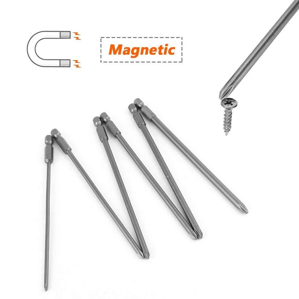 Биты отвертки магнитные длинные Mesee 6 штук Phillips 1/4 дюйма 150 мм, фото №4