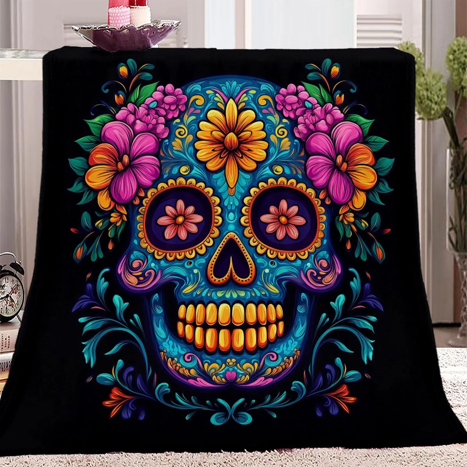 Одеяло Флисовое Простое Цветочное Череп Плотное и Теплое Фланелевое Одеяло Мягкое Пушистое Плюшевое для Всех Сезонов Сине-Оранжевое, 180 x 220 см, фото №4