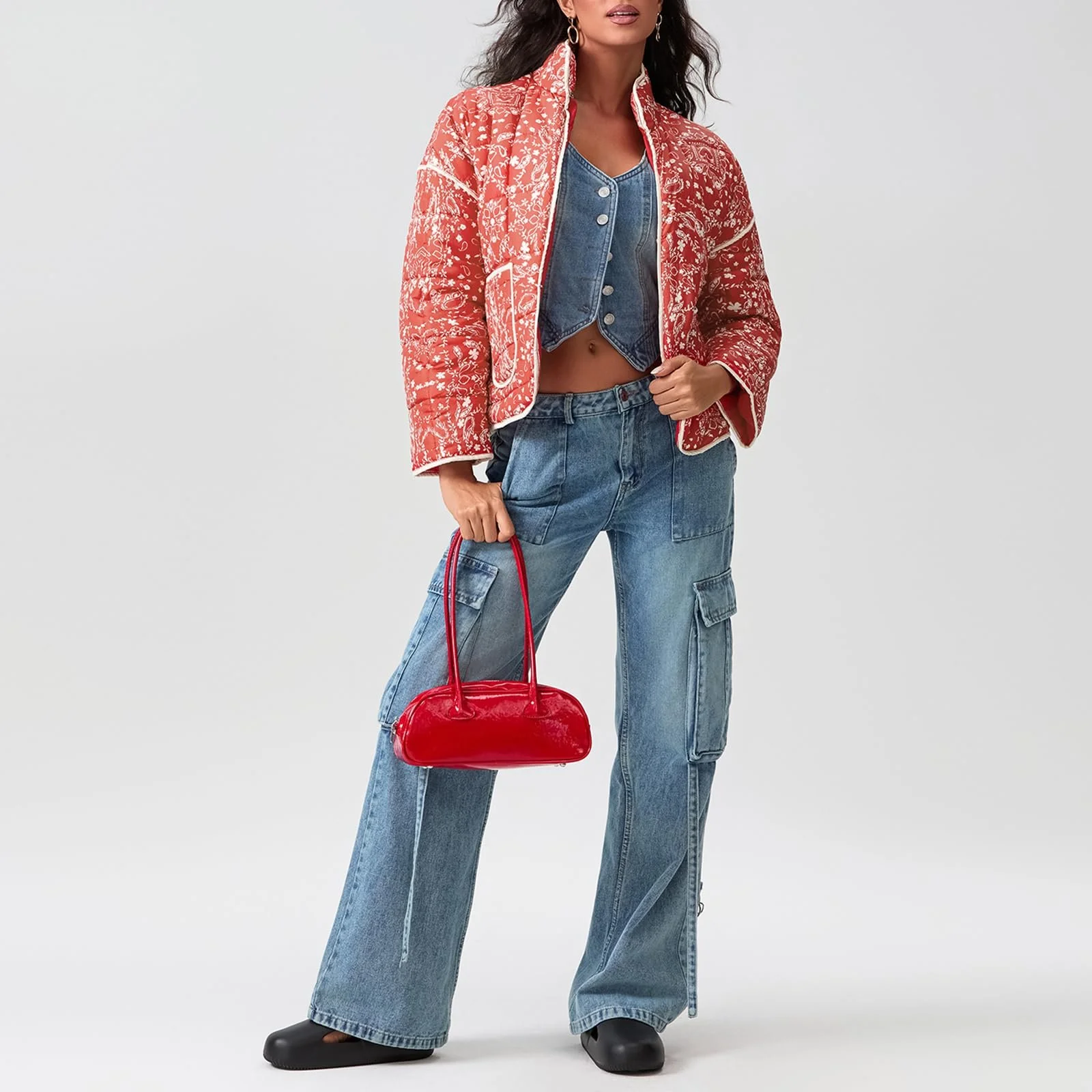 Женская куртка с цветочным принтом, укороченная, легкая, винтажная, этническая, утепленная, осень-зима, с длинными рукавами, фото №2