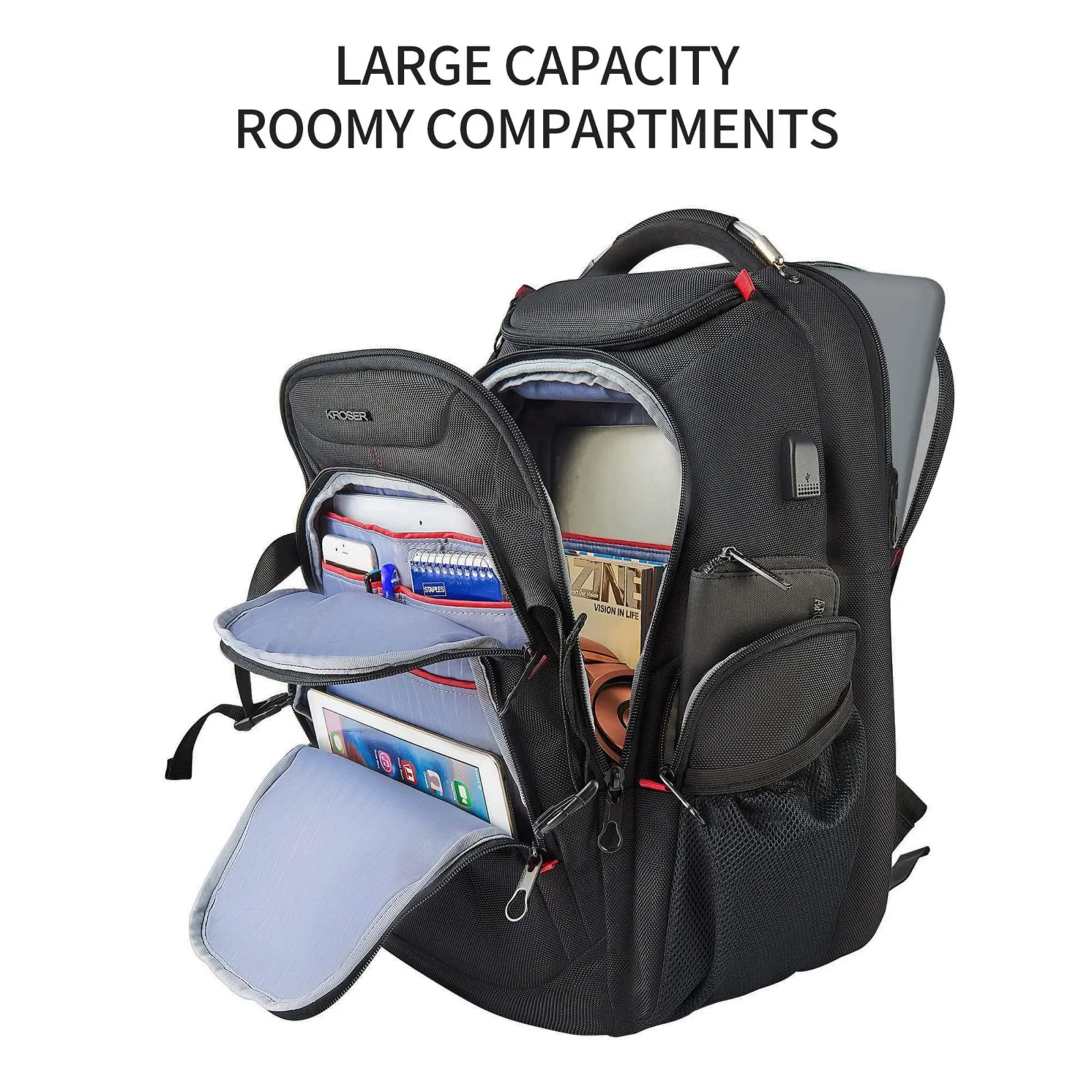 Рюкзак для ноутбука KROSER 17.3" Travel XL Business Daypack Heavy Duty Водонепроницаемый с RFID Черный, фото №5 Рюкзак для ноутбука KROSER 17.3" Travel XL Business Daypack Heavy Duty Водонепроницаемый с RFID Черный, фото №5