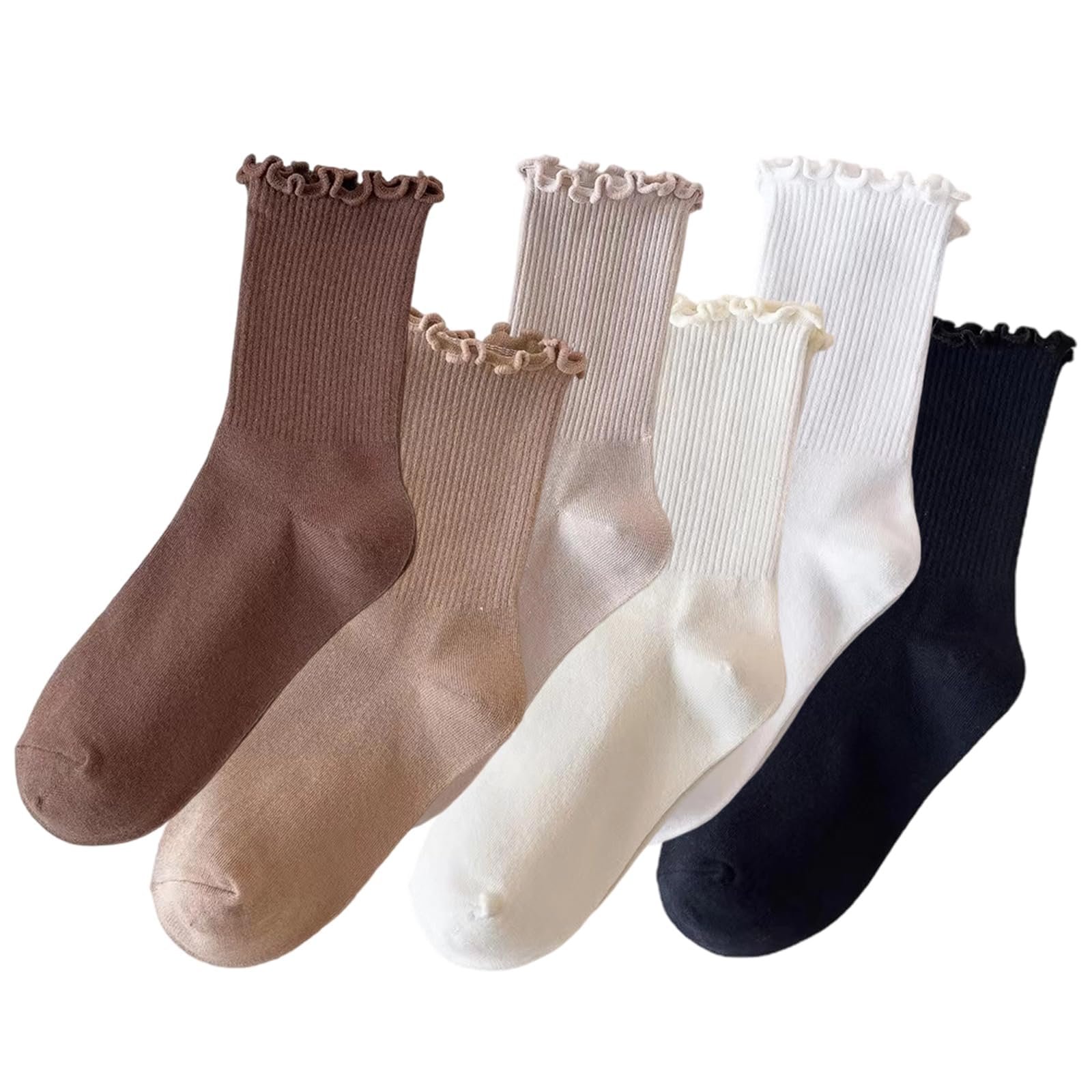 Женские носки с рюшами 6 пар Молочно-белый, Бежевый, Белый, Светло-коричневый, Темно-коричневый и Черный Размер 36-42, фото №1