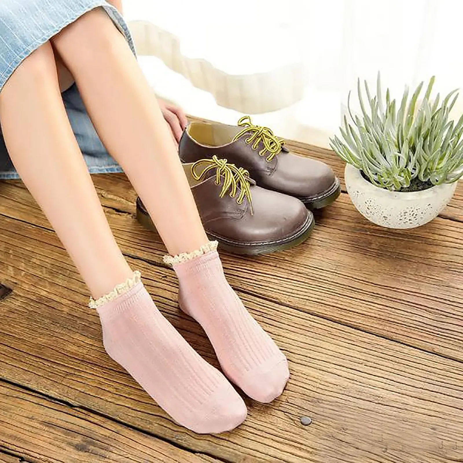 Набор носков женских хлопковых для кроссовок 5 пар | Простой дизайн с кружевом | One Size UK 2-7, разноцветные, фото №6