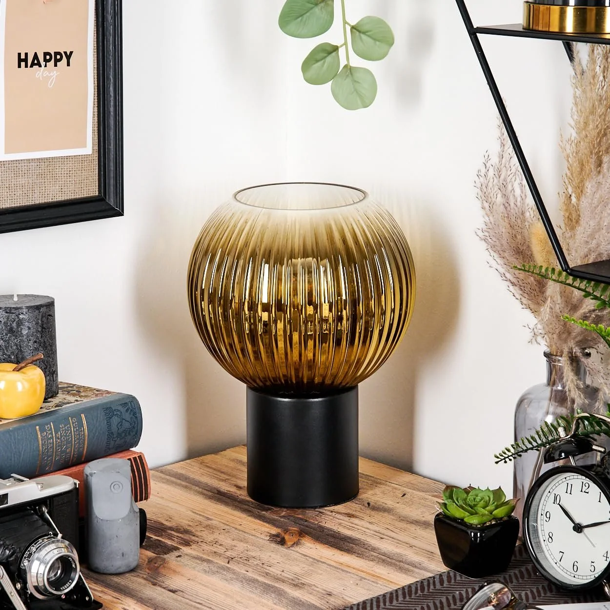 Настільна лампа HOFSTEIN Koyoto метал / рифлене скло 20 см E27 Чорний/Золотистий/Прозорий, фото №2