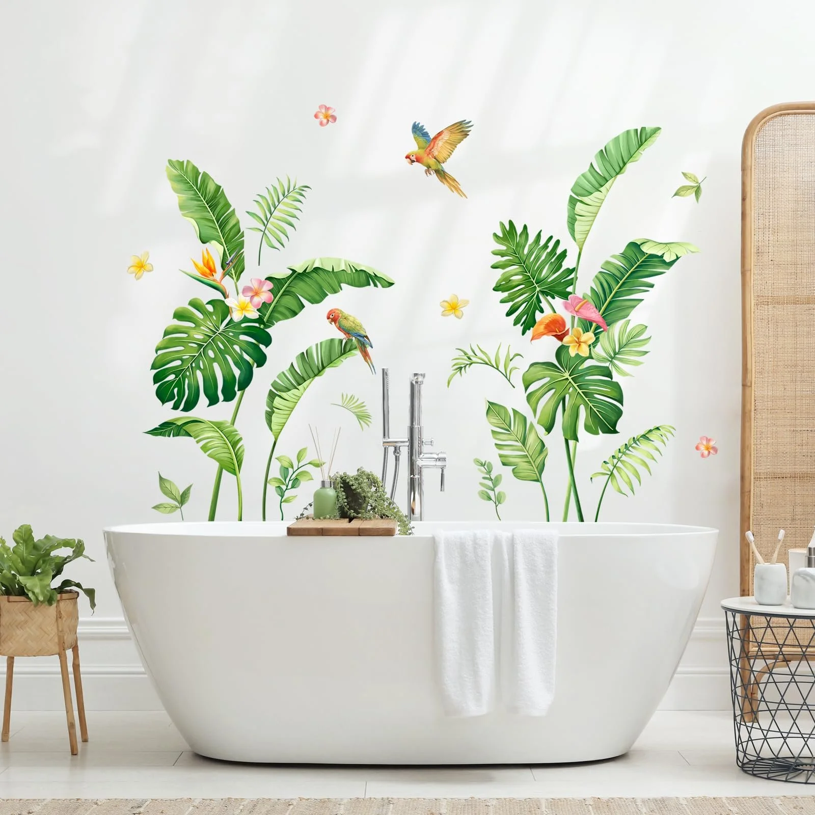 Наклейка на стіну Supzone Тропічне листя Пальма Монстера Квіти Птахи Зелена, фото №5
