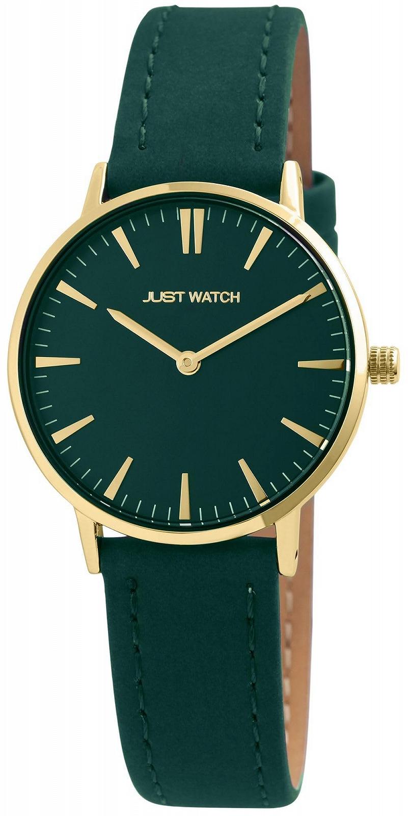 Женские часы Just Watch, зеленый ремешок из натуральной кожи, кварцевые часы с золотистым корпусом, диаметр 33 мм, минеральное стекло, застежка-пряжка, водонепроницаемость 3 Bar, классические часы для женщин, фото №1