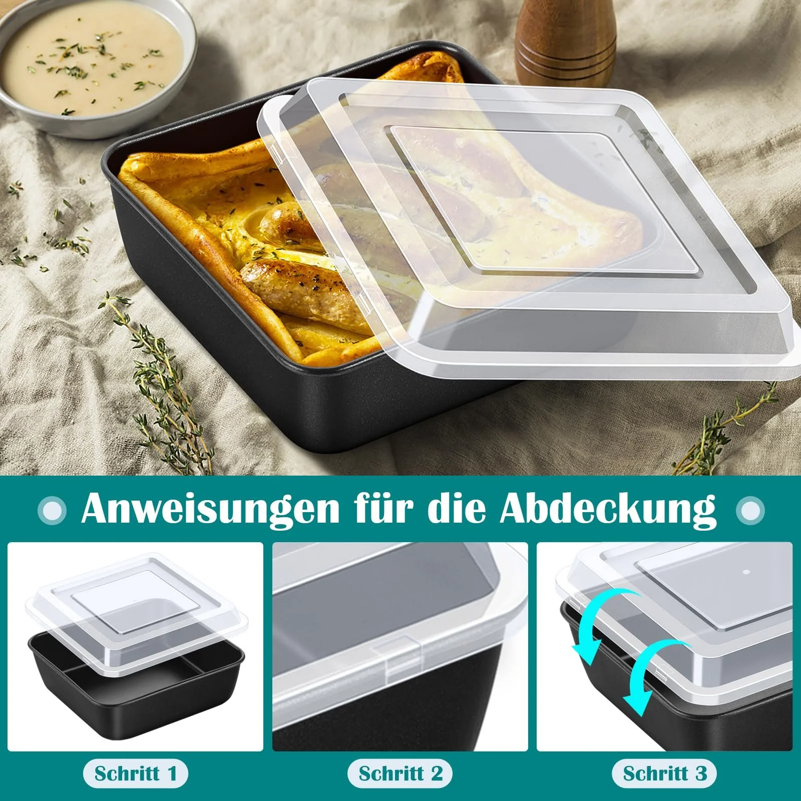 Форма для запекания Homikit с крышкой квадратная нержавеющая сталь с антипригарным покрытием Черная, фото №6