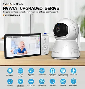 Відеоняня Feegar 5 дюймів 720P HD 2.4 GHz PTZ 355°/120° 2x Zoom VOX Нічне бачення Датчик температури Колискові 5000 mAh synthetic.ua - Фото 1