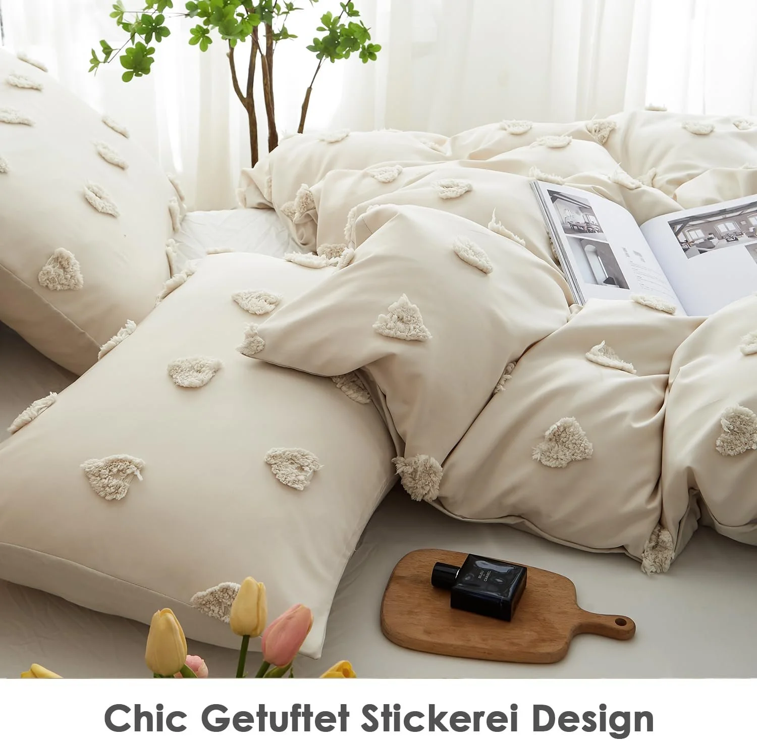 Комплект постільної білизни Freyamy Bohemian Tufted Heart 135 x 200 см + 80 x 80 см, 2 елементи, мікрофібра, на блискавці, бежевий, фото №5