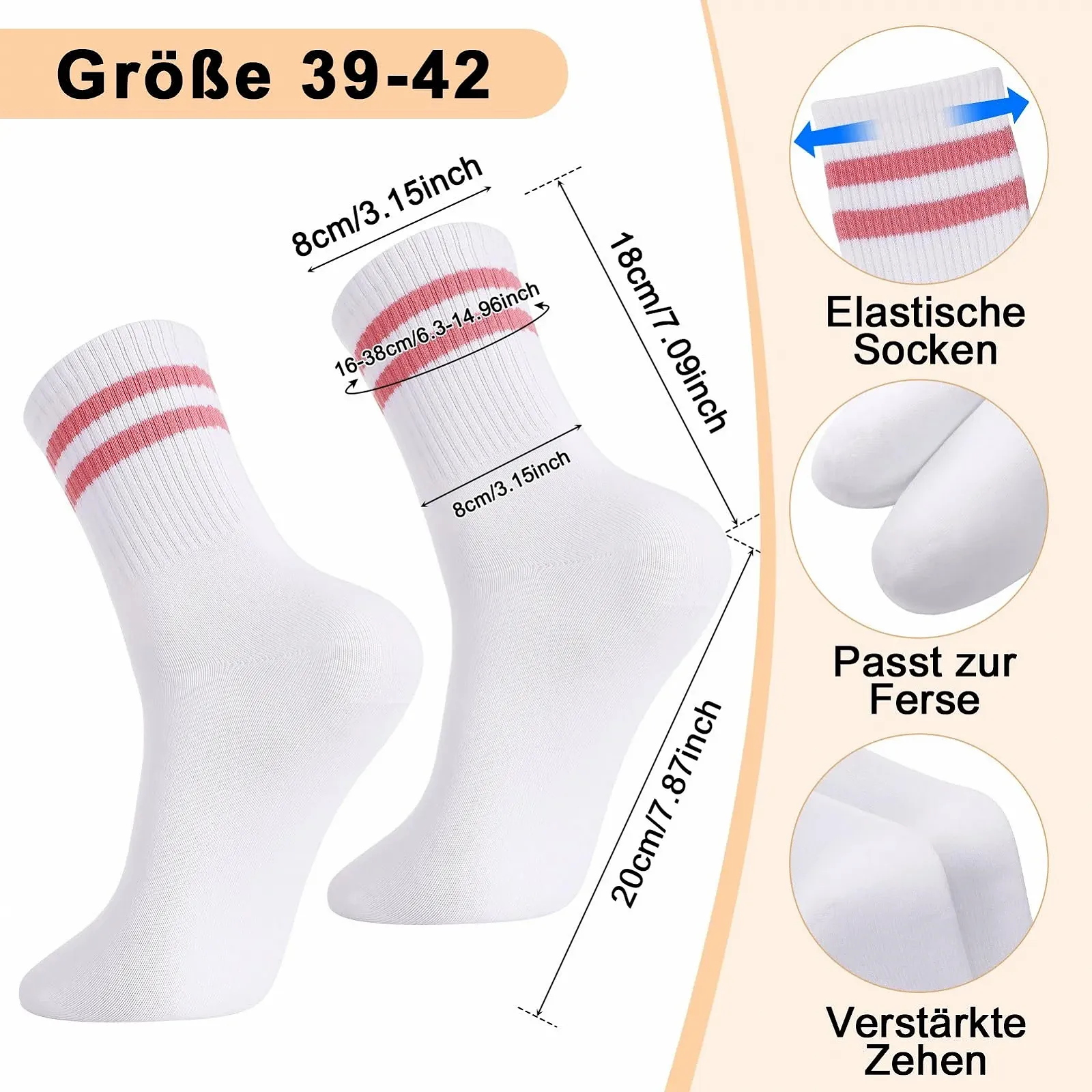 Теннисные носки 6 пар Спортивные носки Женские носки для бега Теннисные спортивные носки в полоску Хлопковые носки Носки до середины икры Рабочие носки Черный, Белый, Серый, фото №6