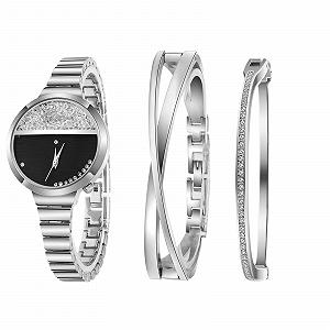 Женские часы-браслет JewelryWe с набором, женские кварцевые аналоговые часы с металлическим ремешком, циферблатом со стразами и песком, с 2 браслетами, набор ювелирных изделий, подарки для женщин - Фото 1