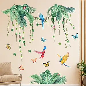 Наклейка на стіну Tropical Jungle Plants Hanging Vine Palm Trees Birds Зелена - Фото 1