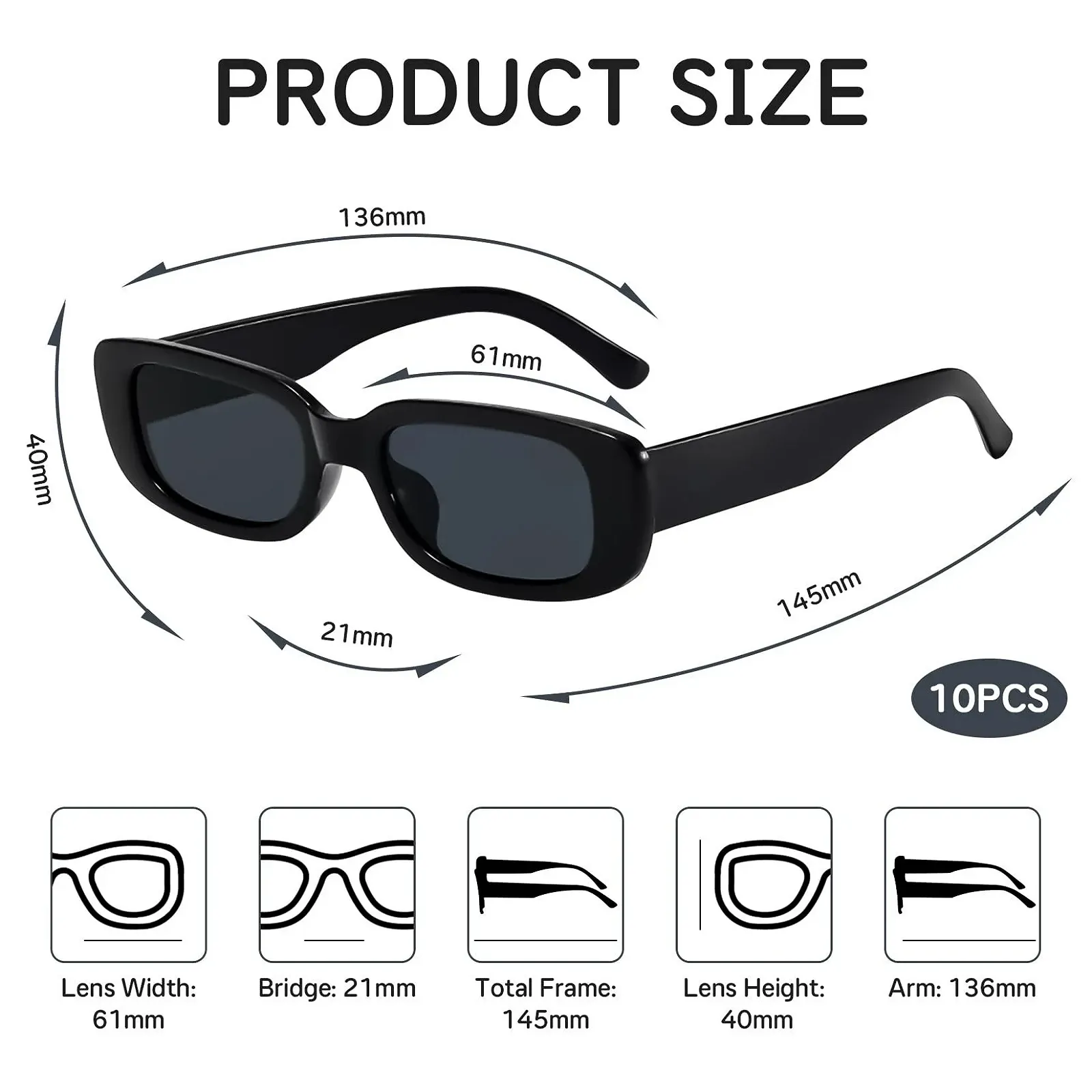 Набор солнцезащитных очков Spetsbst, 10 шт., винтажные, женские, черные, тонкие, прямоугольные, модные, 90-х, фото №2