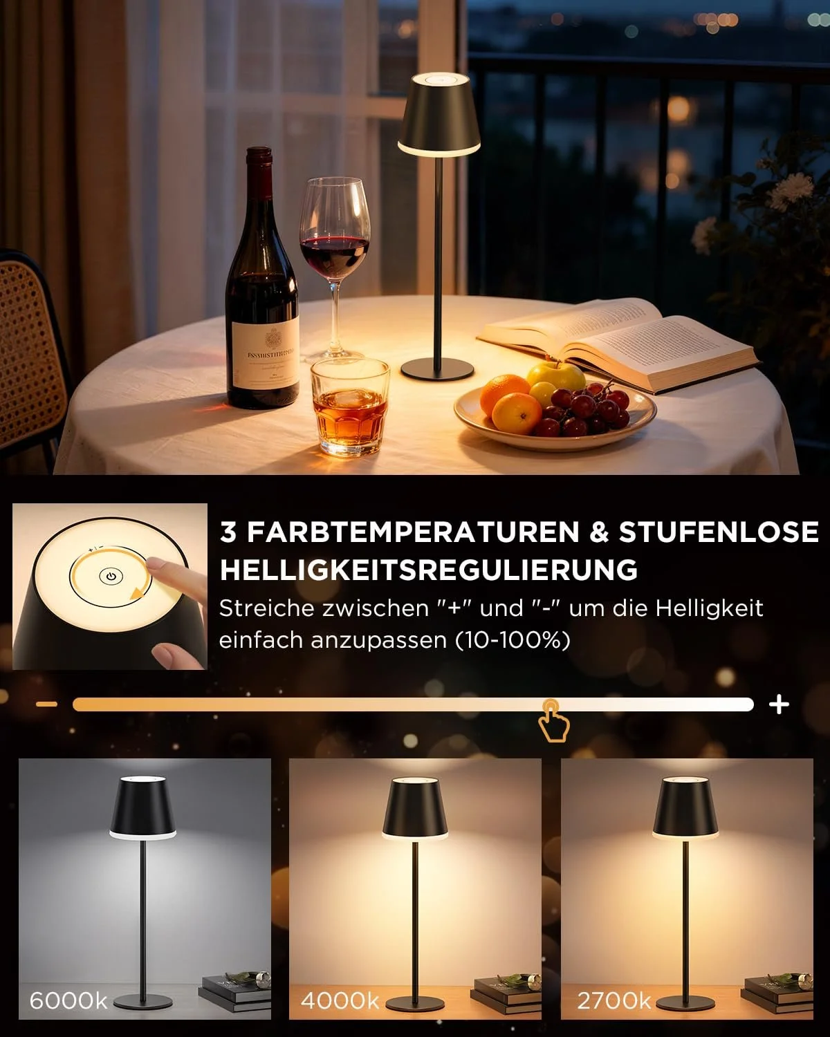 Світлодіодна настільна лампа VIWAVE LED бездротова димована з акумулятором 5200 mAh регульована висота IP54 Чорний, фото №2