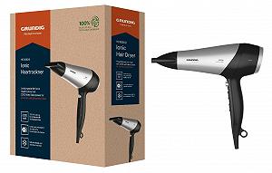 Фен GRUNDIG HD 6080 B, 2200 Вт, с ионизацией, 3 температурных и 2 режима воздушного потока, холодный обдув, керамическое покрытие, кабель 1,8 м, черный/серебристый - Фото 1