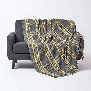 Покрывало Средний Серый & Желтый Тартан Homescapes 152 см x 203 см - Фото 1