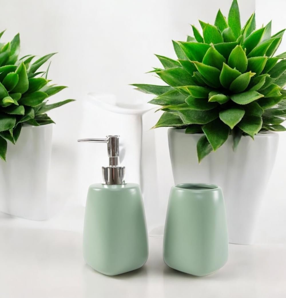 Набор для ванной комнаты Керамика Water Green Дозатор мыла, стакан Минималистичный стиль, фото №7