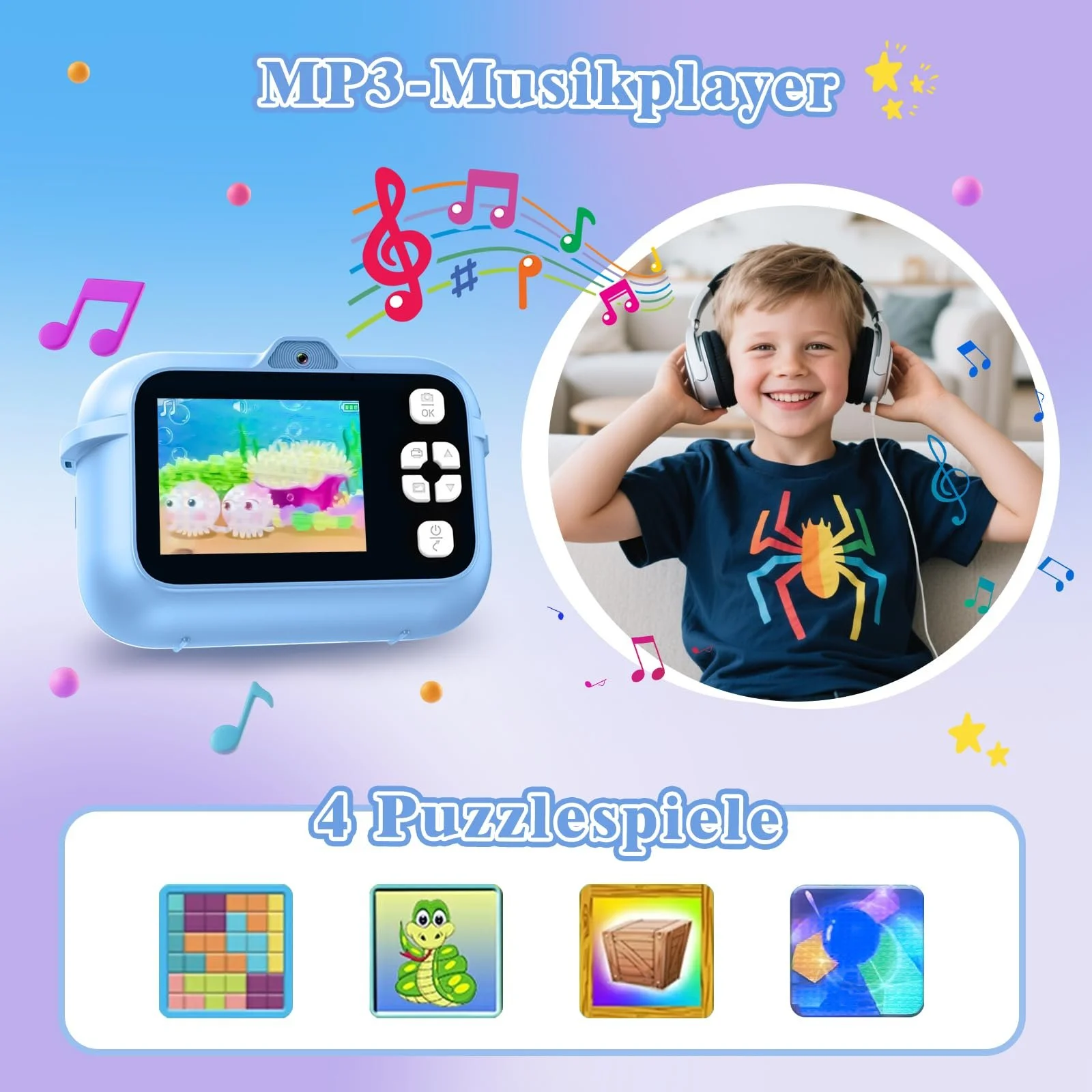 Детская камера мгновенной печати 48 МП Dual Camera 1080P 2,4" IPS 8x Zoom 32 ГБ TF бумага для печати Blue, фото №6