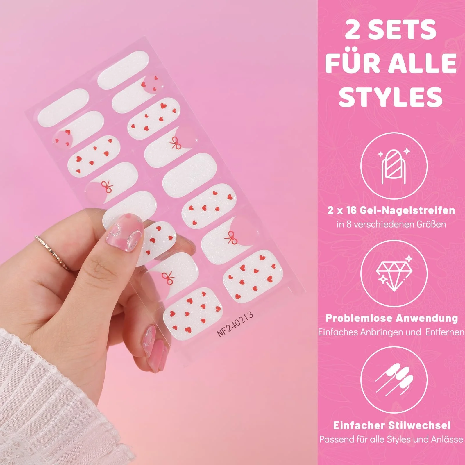 Плівка для нігтів Aokitec UV Hardening з UV-лампою 32 шт. Heart Pattern UV Gel Strips, фото №5