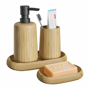 Набор аксессуаров для ванной комнаты Asashizen Retro Bamboo, 4 предмета мыльница, дозатор мыла, поднос, стакан для полоскания рта - Фото 1