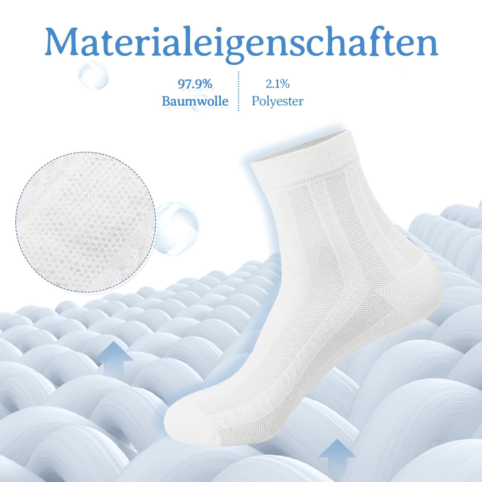 Носки Женские Хлопковые Тонкие 6 пар, 35-42, Дышащие Сетчатые Белые Носки-четверти Выше Щиколотки, Рифленые Носки Половинной Высоты для Спорта и Отдыха Летние, фото №3