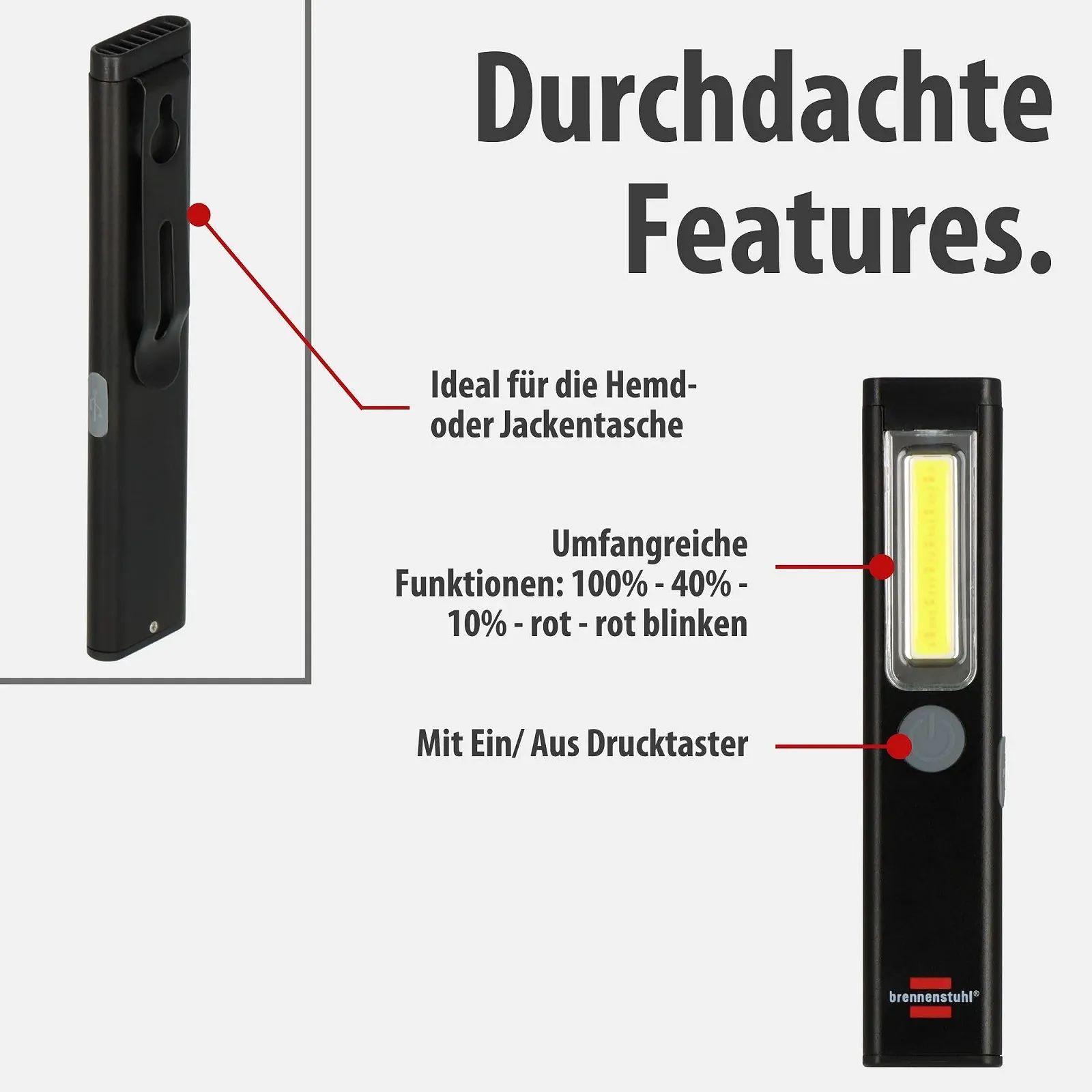 Ручний Ліхтар Brennenstuhl PL 200 AC LED Акумуляторний COB LED 200лм Червоний, фото №4