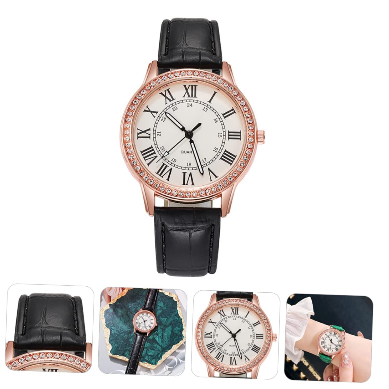 Женские часы Healvian Кварцевые часы с кристаллами с черным кожаным ремешком, фото №4 Женские часы Healvian Кварцевые часы с кристаллами с черным кожаным ремешком, фото №4