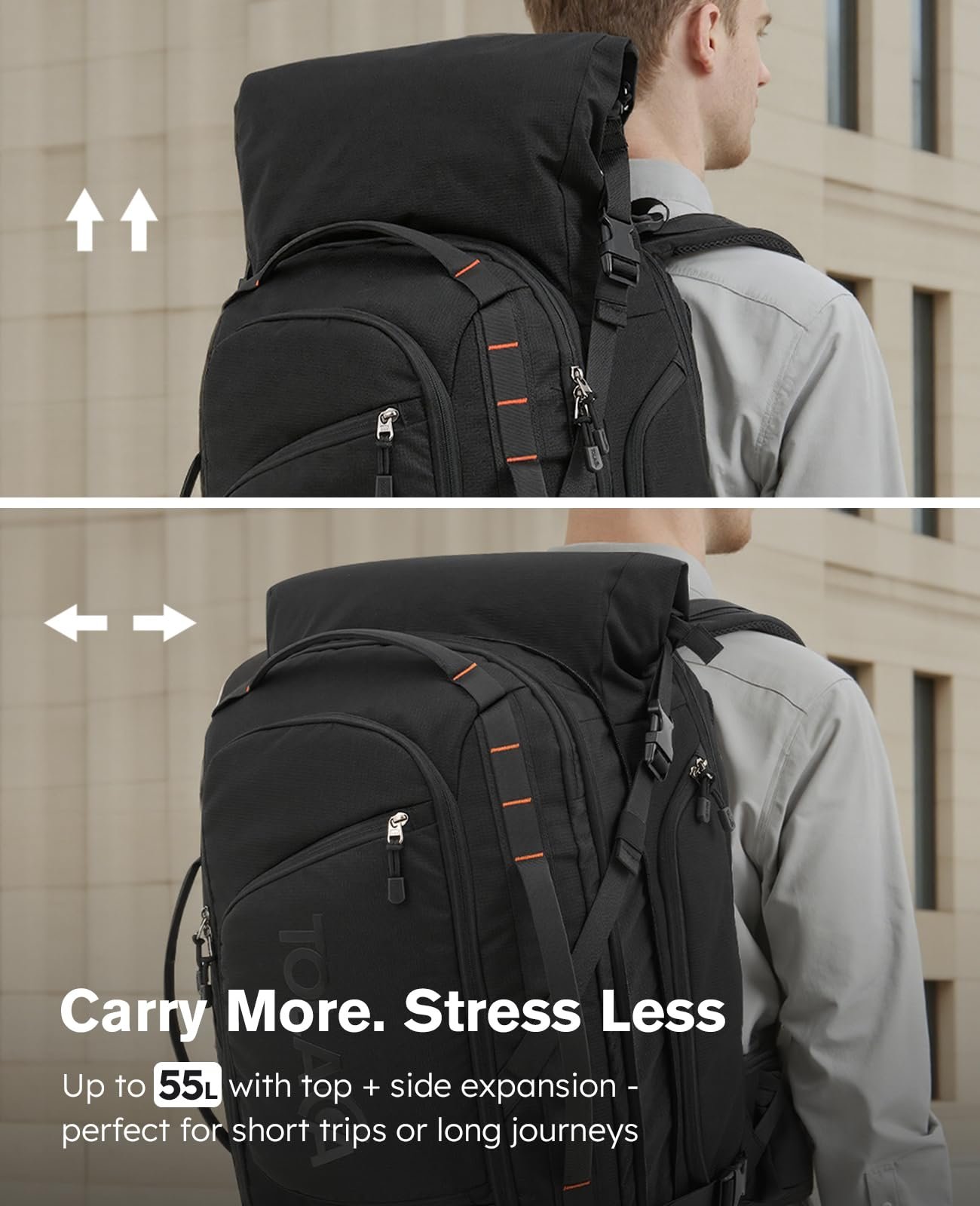 Рюкзак для ноутбука Tolaccea Travel Rolltop TSA Friendly 17.3 дюйма Expandable 40-55L Black, фото №2