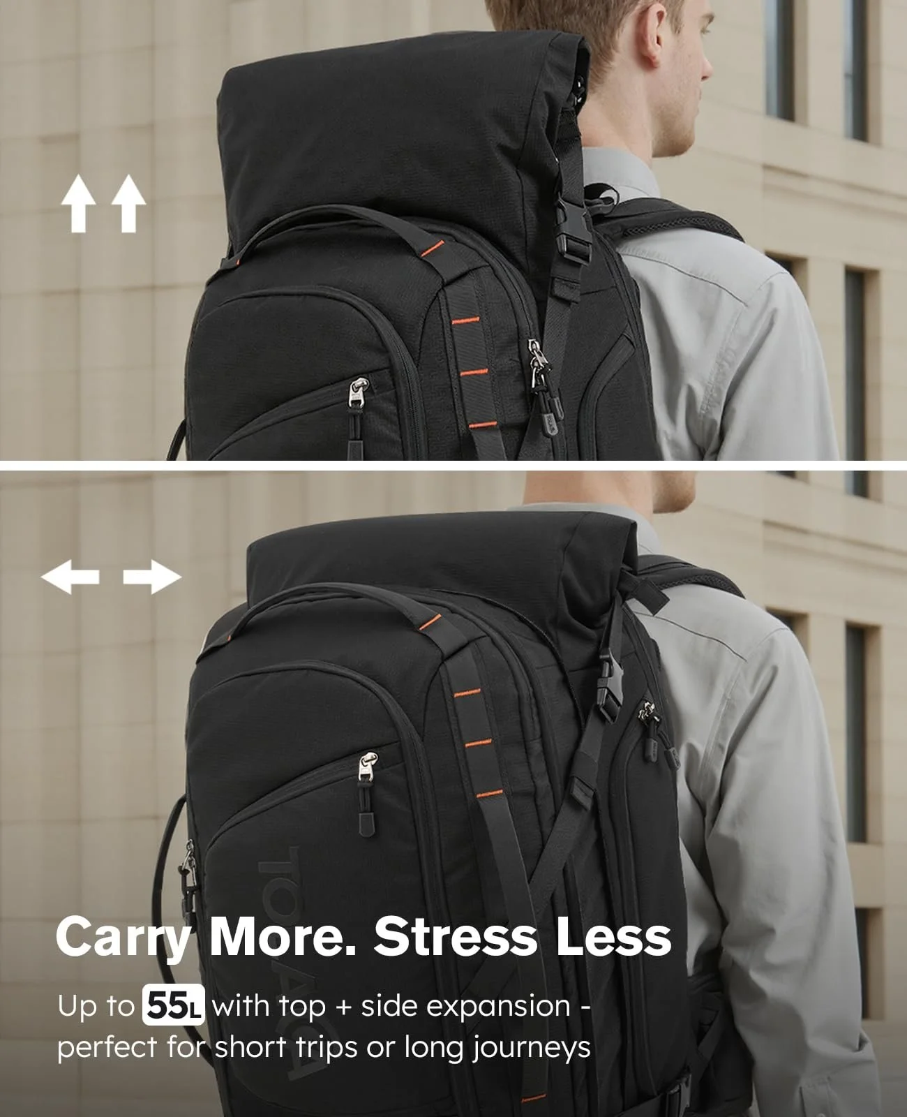 Рюкзак для ноутбука Tolaccea Travel Rolltop TSA Friendly 17.3 дюйма Expandable 40-55L Black, фото №2 Рюкзак для ноутбука Tolaccea Travel Rolltop TSA Friendly 17.3 дюйма Expandable 40-55L Black, фото №2