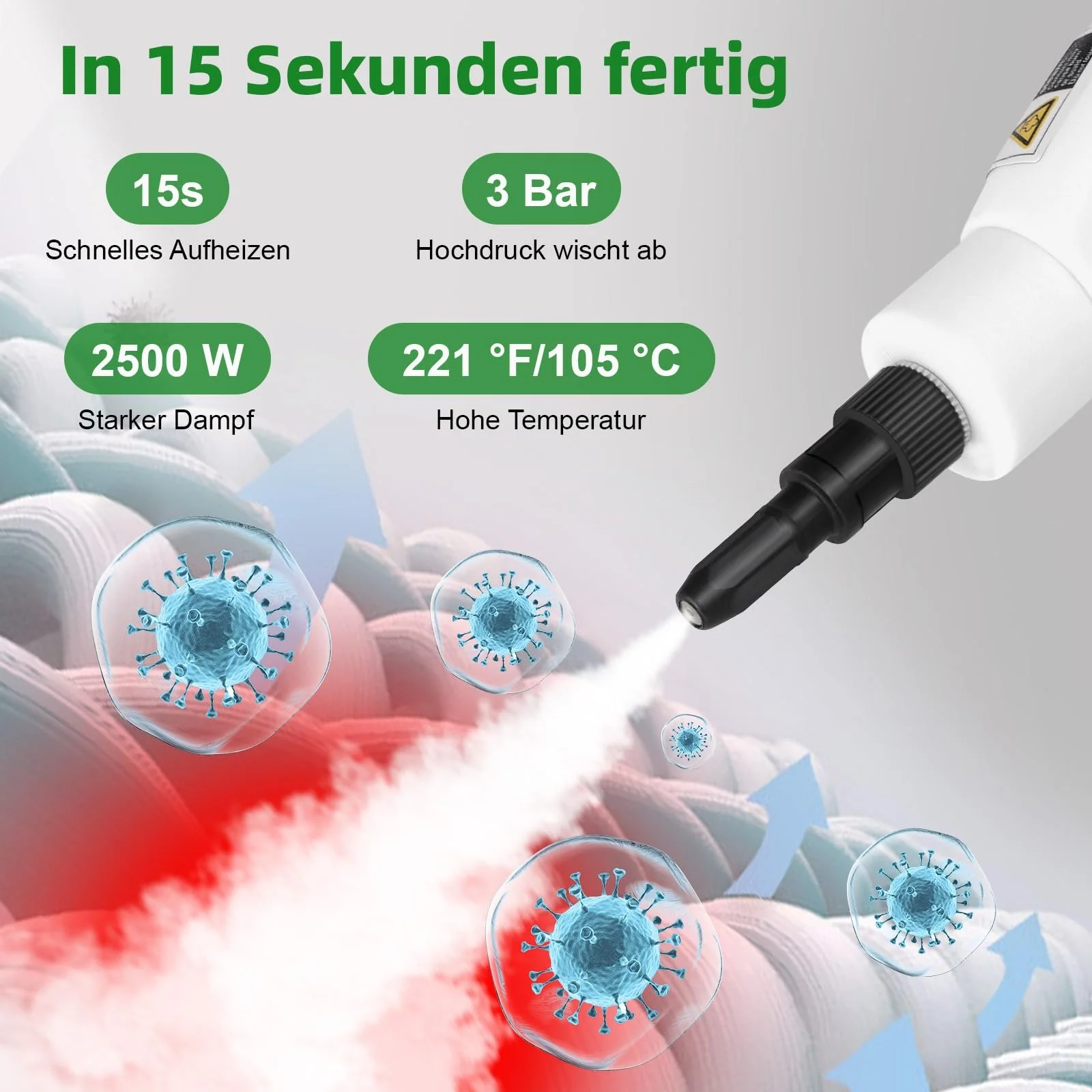 Пароочисник портативний 2500 W 1100 ml 3.0 Bar ручний 3 насадки 6 швидкостей Білий, фото №4 Пароочисник портативний 2500 W 1100 ml 3.0 Bar ручний 3 насадки 6 швидкостей Білий, фото №4