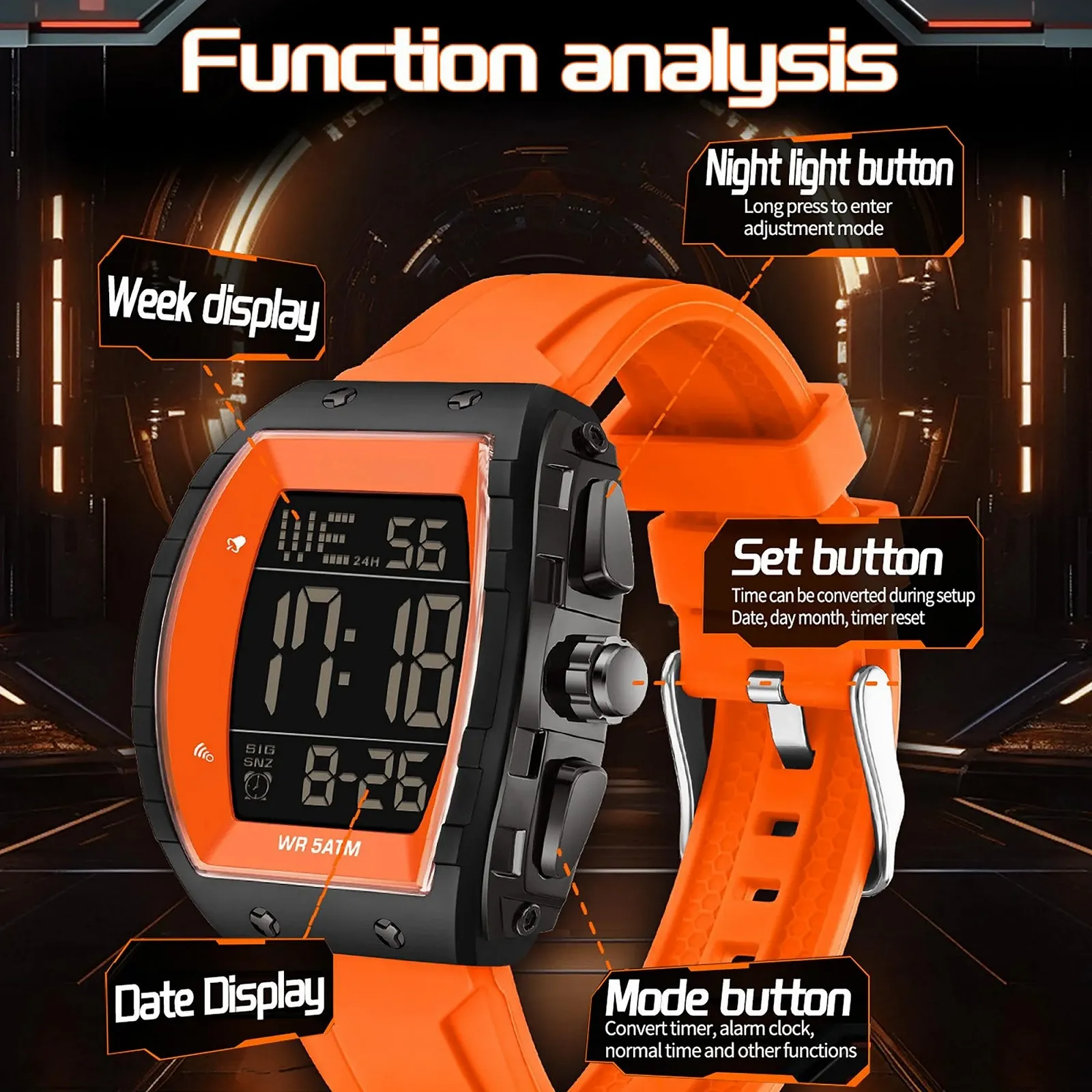 Часы мужские цифровые Findtime Tonneau тактические военные крупные цифры LED будильник календарь силиконовый ремешок, фото №4