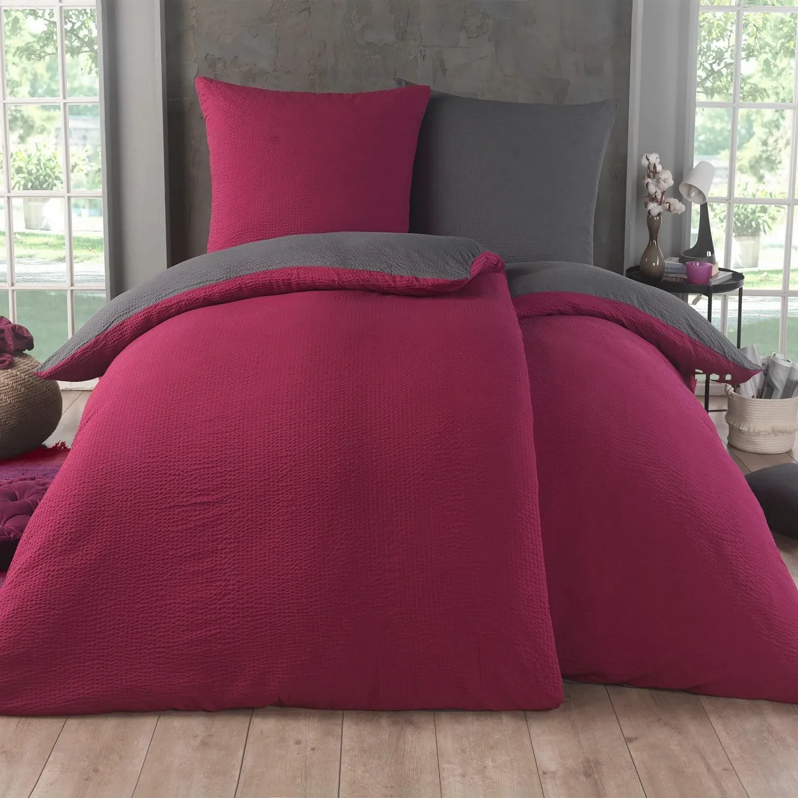 Комплект постільної білизни Kuscheli Dreamhome Fine Seersucker 4 предмети 2 x 135 x 200 см + 2 x 80 x 80 см Вишнево-червоний / Сірий, фото №1