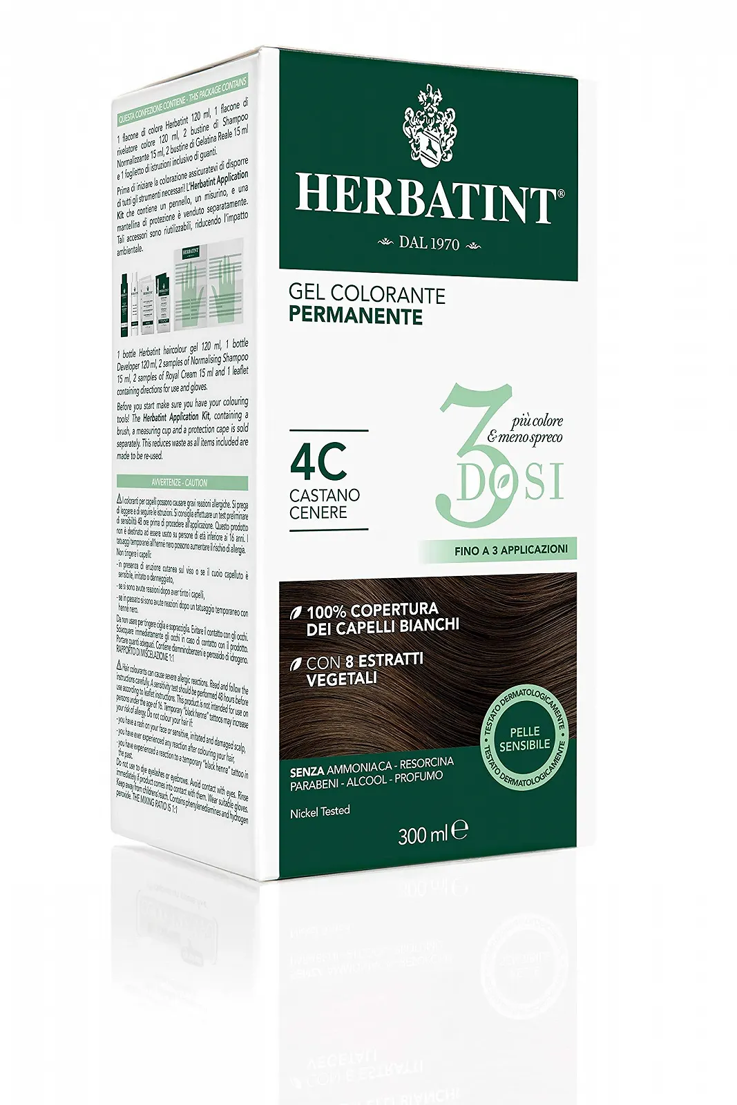 Фарба Herbatint Permanent Colour Gel 3 шт 300 мл - 4C Попелясто-Коричневий, Без Аміаку, для Чутливої Шкіри, 100% Покриття Сивини, з 8 Натуральними Органічними Екстрактами, фото №1