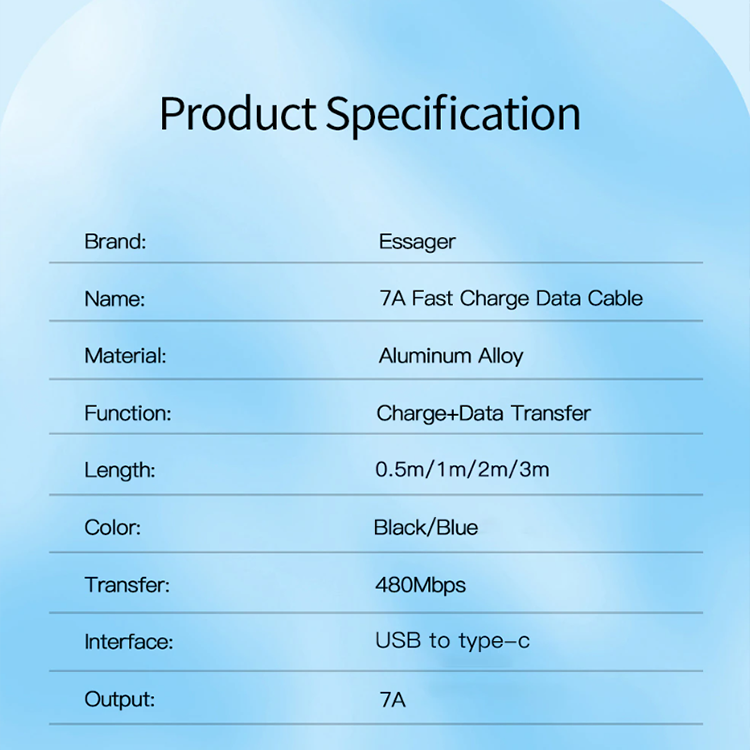 Зарядный кабель ESSAGER Sunset черный USB Type-C 7A 1 метр, фото №7