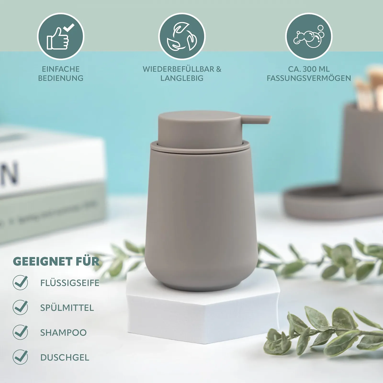 Набор для ванной комнаты Eluno Tesero, 3 предмета дозатор для мыла, стакан и мыльница, пластик, Taupe, фото №5