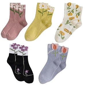 Женские носки, 5 пар цветных забавных длинных носков, винтажные хлопковые носки, мягкие носки с вышивкой цветов, дышащие эластичные носки с цветочным узором, для женщин и девушек - Фото 1