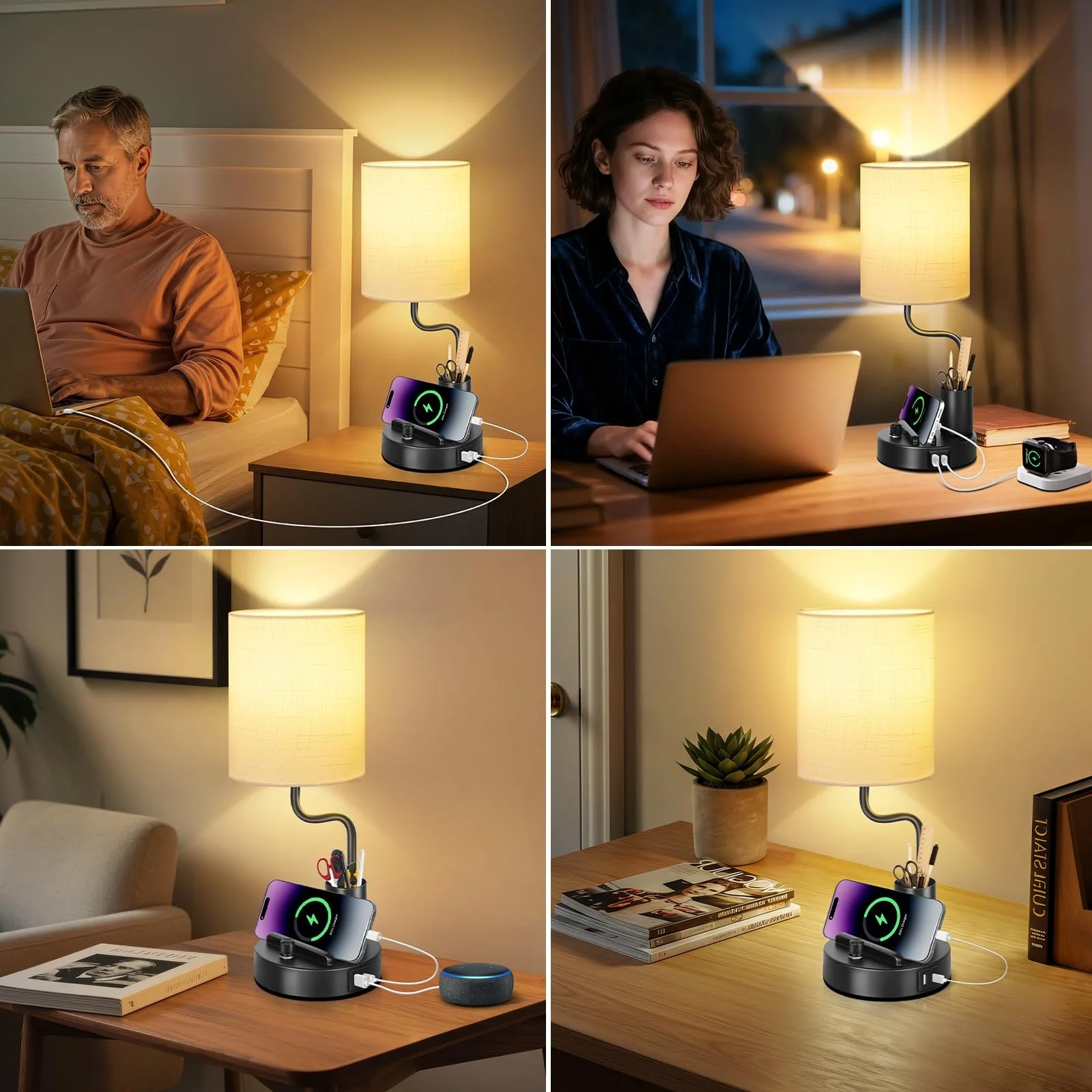 Настільні лампи OUTON набір 2 шт керамічні з USB-A та USB-C 2700K тримач для телефону та ручок Чорна, фото №6