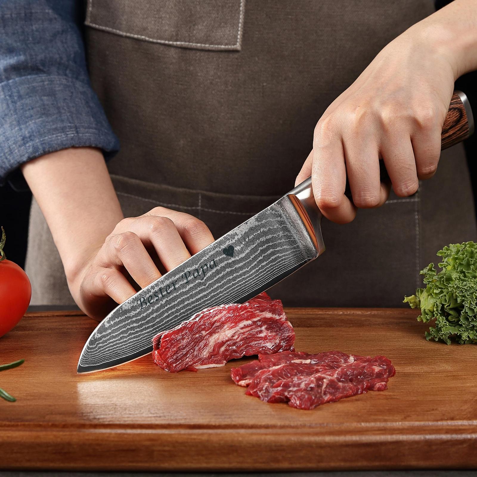 Набір ножів Santoku Wakoli Edib Damascus, великий та малий (17 см / 12 см), 67 шарів дамаської сталі (серцевина VG10), руків'я з дерева Pakka, у подарунковій коробці, фото №6