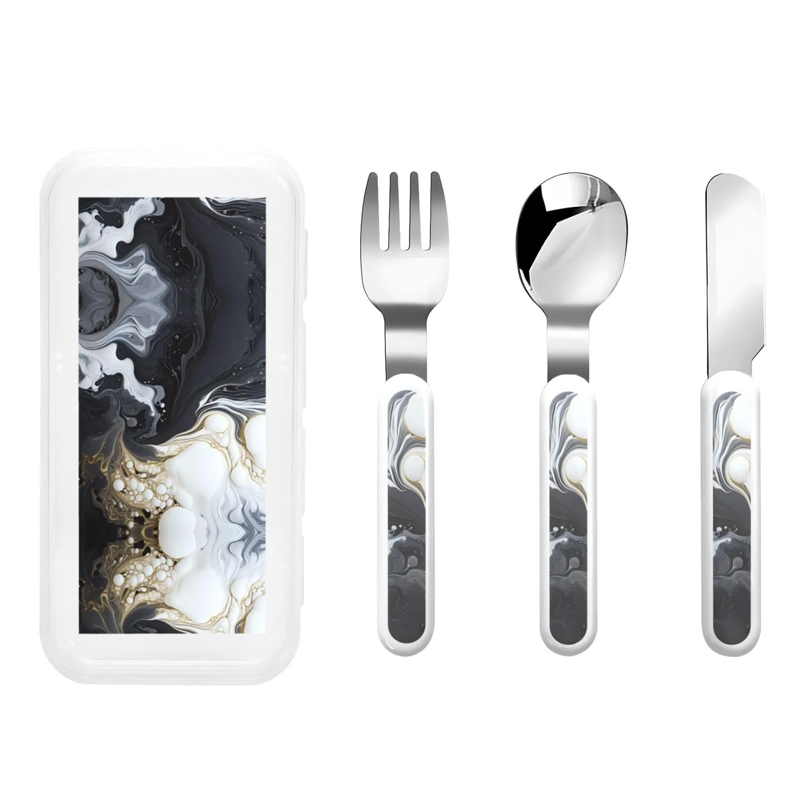 Дитячий набір столових приборів з мармуровим принтом 3 предмети, фото №1 Дитячий набір столових приборів з мармуровим принтом 3 предмети, фото №1