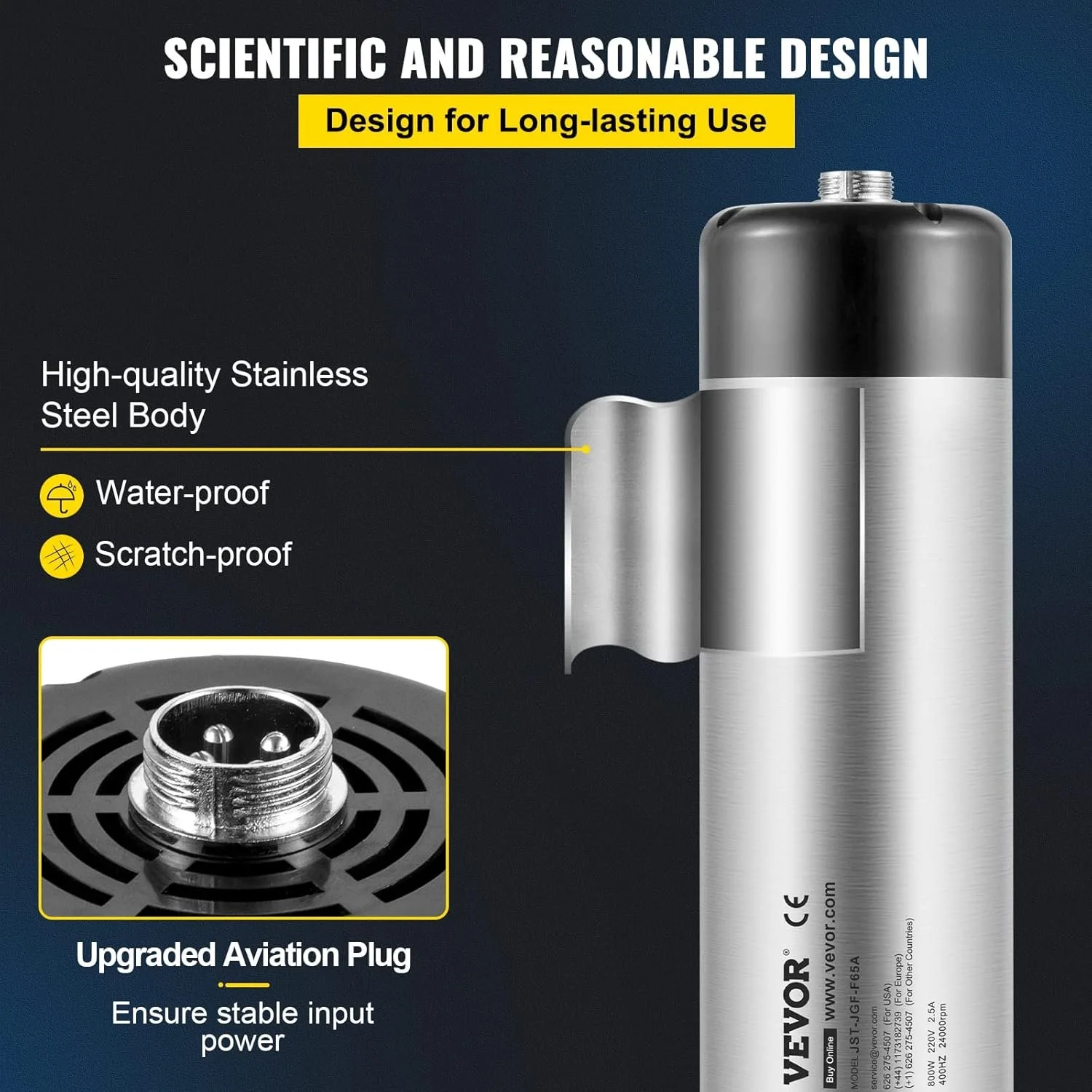 Шпиндельний двигун VEVOR JST-JGF-F65C з повітряним охолодженням / 1,5 кВт / 24000 об/хв / 400 Hz / Срібний, фото №5