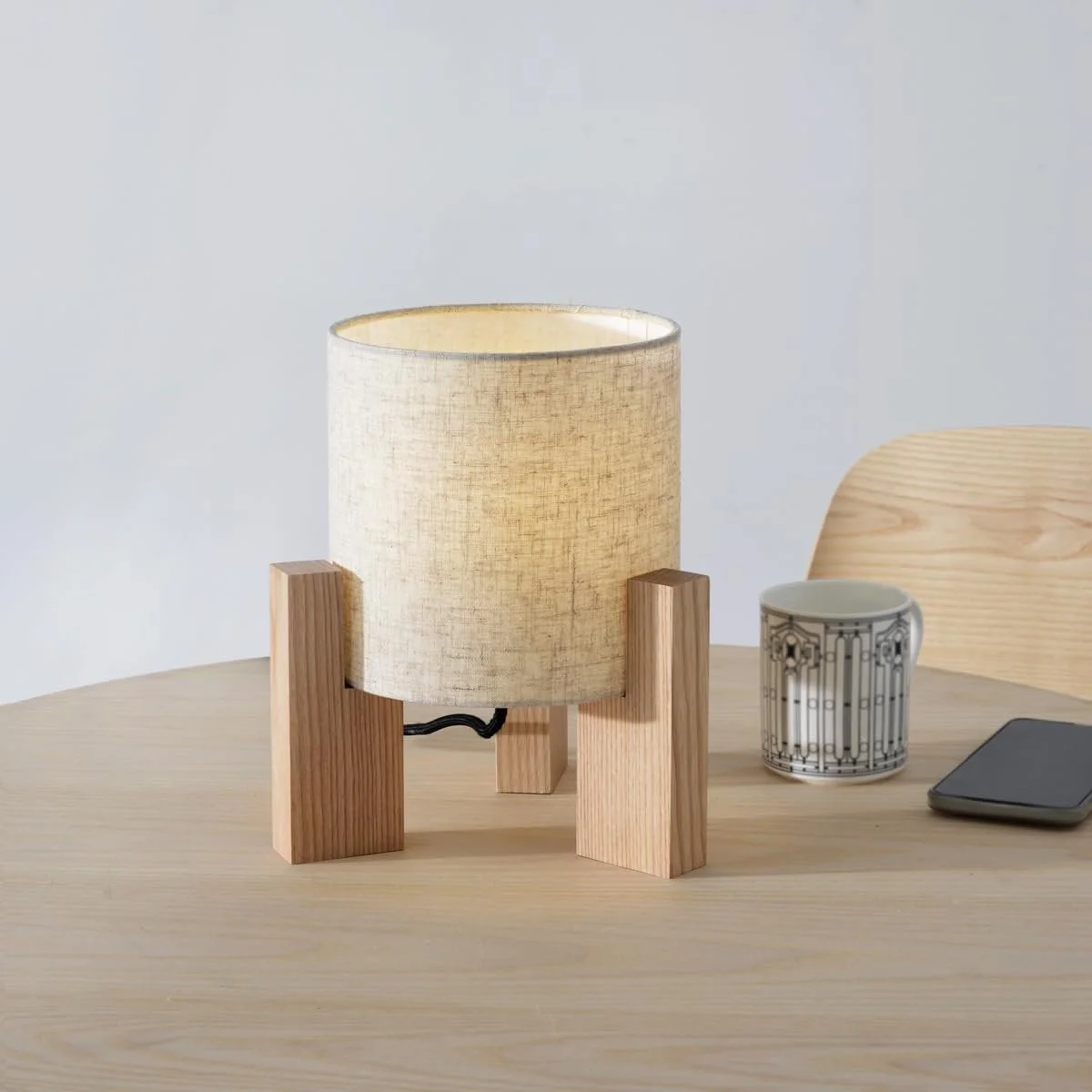 Настільна лампа Дерев'яна E27 Тканинний абажур 18 x 18 x 26 см Біла, фото №1