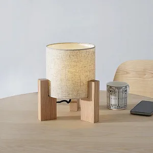 Настільна лампа Дерев'яна E27 Тканинний абажур 18 x 18 x 26 см Біла - Фото 1