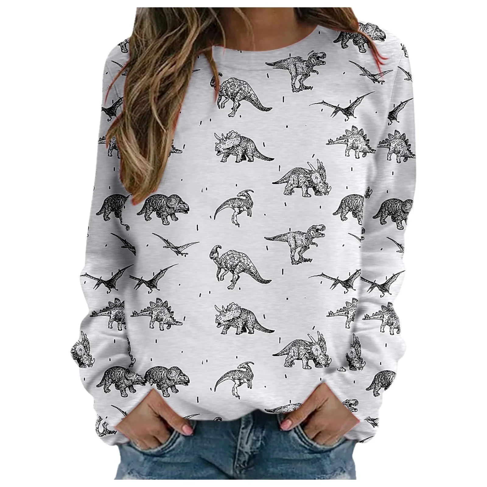 Женский свитшот с круглым вырезом Dinosaurier, графический свободный крой, осенняя одежда, университетский стиль, милый, готический, трендовый, с рисунками, удобный, тонкий, атлетичный, для тренировок, Backwoods, фото №1