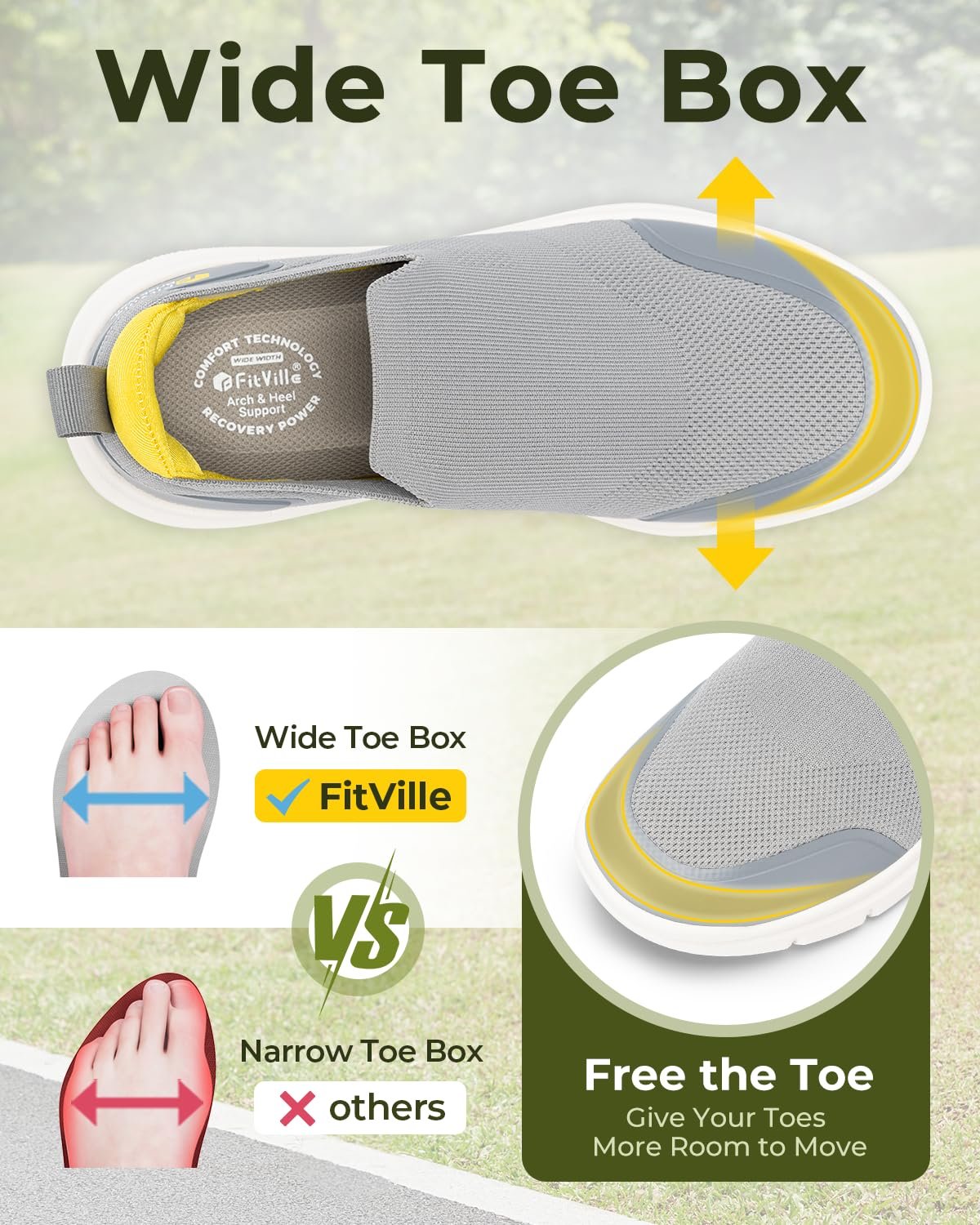 Кросівки FitVille Без застібок Дуже широкі Легкі Дихаючі Для ходьби, фото №2