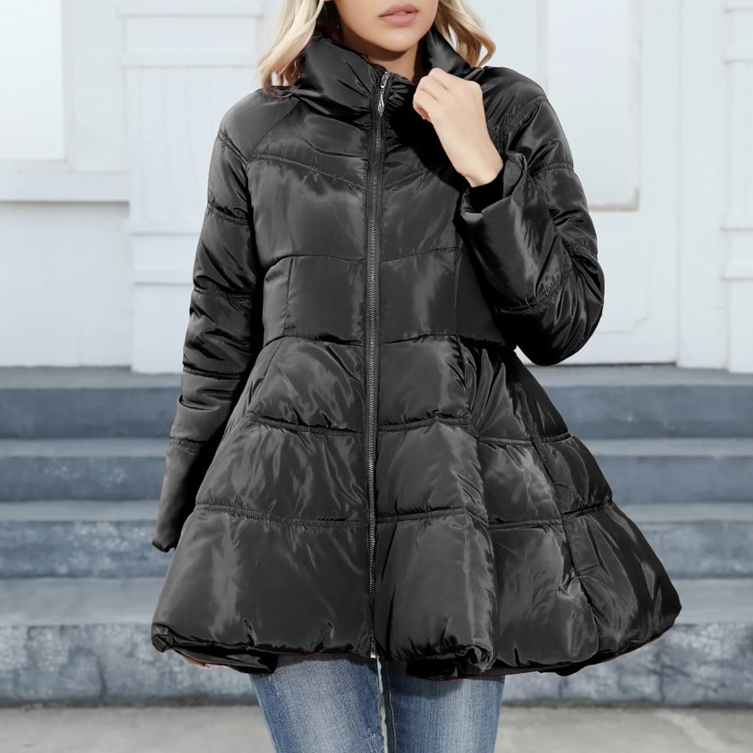 Женская Зимняя Теплая Куртка-Пуховик со Стойкой Воротником и Рюшами, фото №7 Женская Зимняя Теплая Куртка-Пуховик со Стойкой Воротником и Рюшами, фото №7