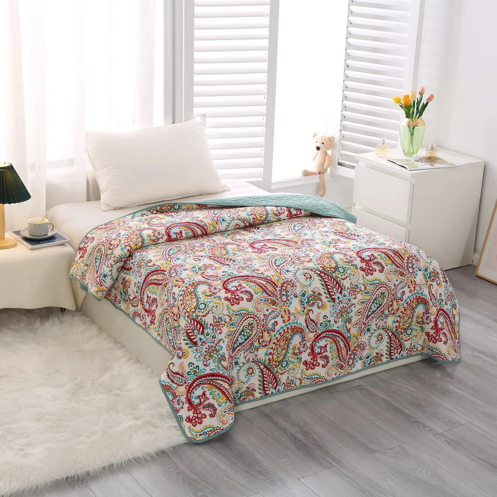 Покрывало Qucover 140 x 200 см Односпальная кровать Хлопок и полиэстер Богемный стиль Двусторонний узор пейсли и светло-зеленый, фото №1