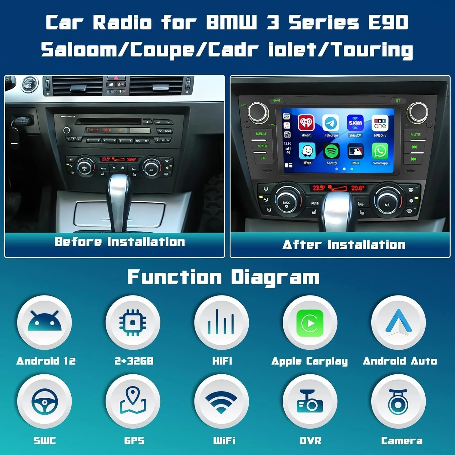 Штатная автомагнитола Hikity A3330A4MI2EU26-C223 для BMW E90 E91 E92 E93 (2005-2011) / 7" / Сенсорная / 2/32Гб / Android 12 / Apple CarPlay / Android Auto / Bluetooth / WI-FI / GPS / USB, фото №2