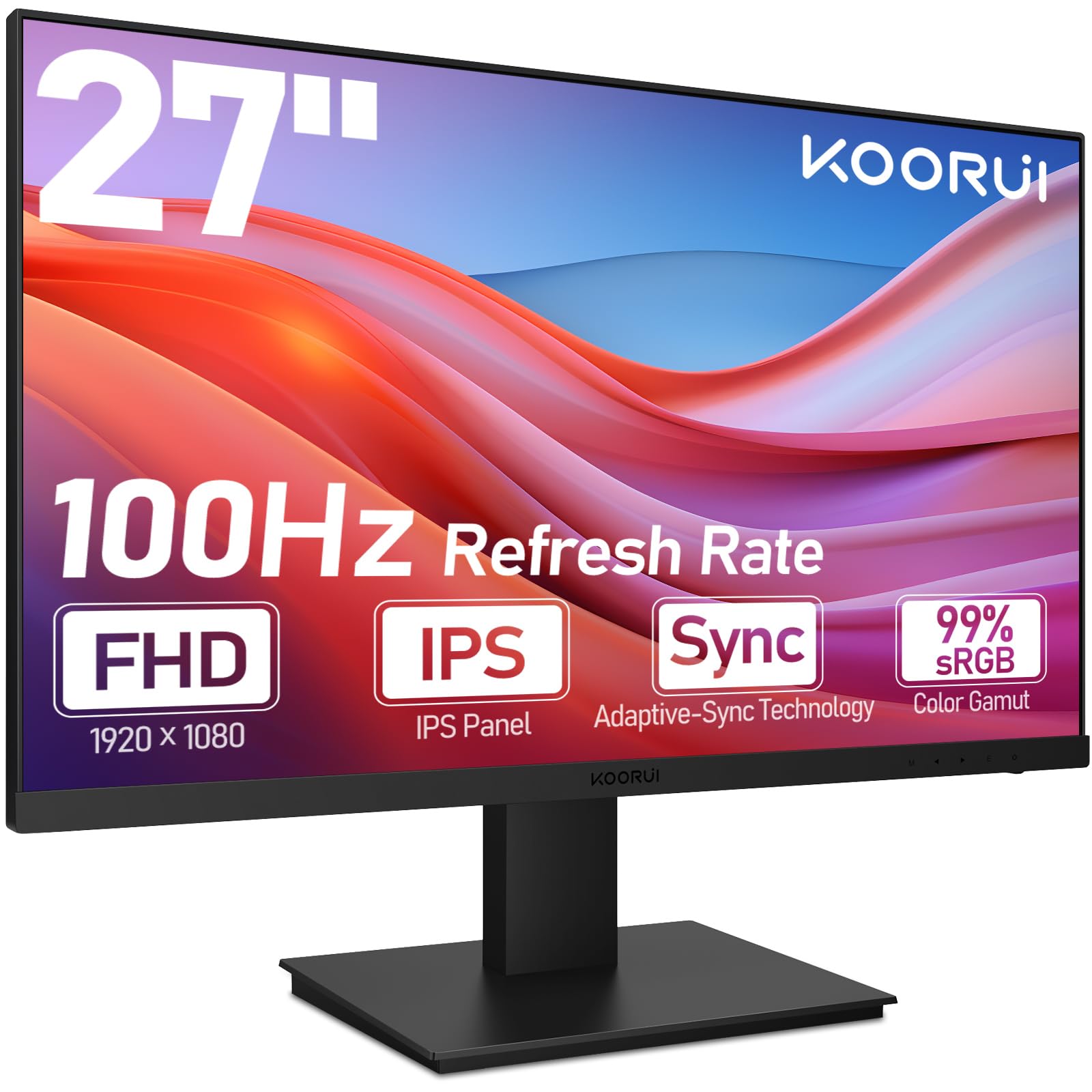 Монитор KOORUI Gaming Screen 27 дюймов 100 Hz Full HD (1920 x 1080) с встроенными динамиками, HDMI, IPS дисплей, регулируемый наклон, защита для глаз, VESA крепление на стену, фото №1