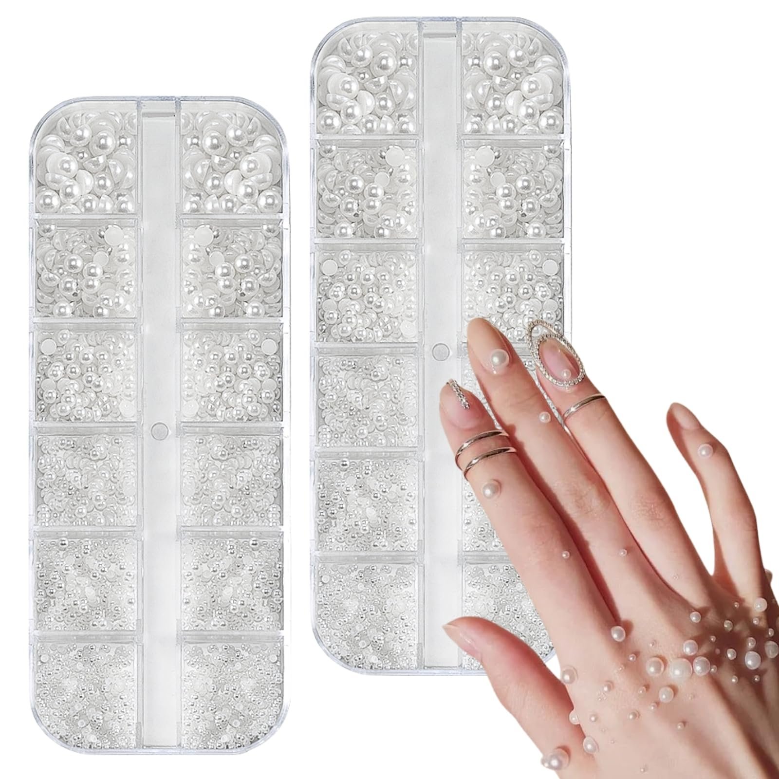 Перлини для дизайну нігтів 12 розмірів LUFFLOK, плоскі, напівкруглі, білі, 2 коробки, фото №1